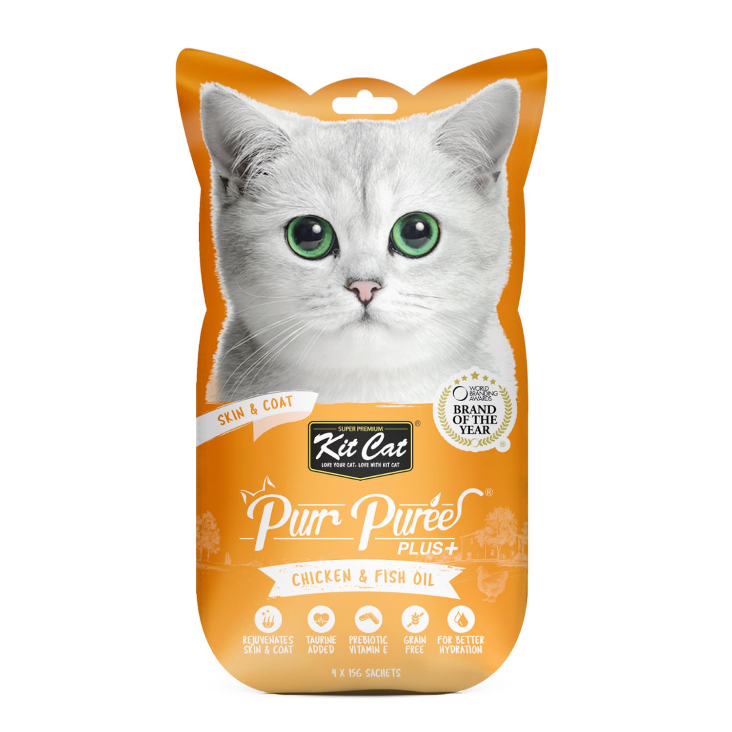 Kit Cat Purr Puree Plus+ Chicken & Fish Oil (Skin & Coat) 15g — Cat Treats available at VetPulse Veterinary Centre, Al Muwaileh Sharjah