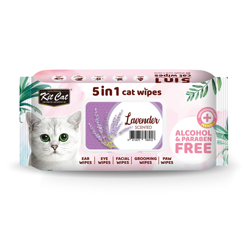 Kit Cat 5-in-1 Cat Wipes LAVENDER Scented 80 wipes — Pet Supplement available at VetPulse Veterinary Centre, Al Muwaileh Sharjah