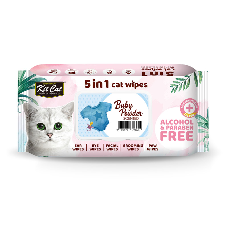 Kit Cat 5-in-1 Cat Wipes BABY POWDER Scented 80 wipes — Pet Supplement available at VetPulse Veterinary Centre, Al Muwaileh Sharjah