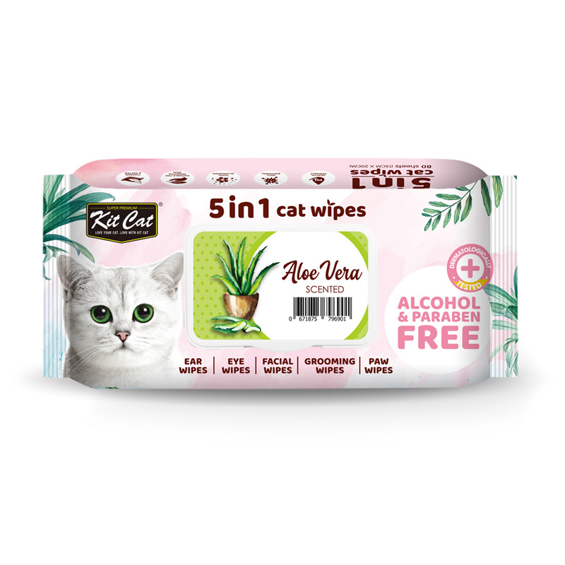 Kit Cat 5-in-1 Cat Wipes ALOE VERA Scented 80 wipes — Pet Supplement available at VetPulse Veterinary Centre, Al Muwaileh Sharjah