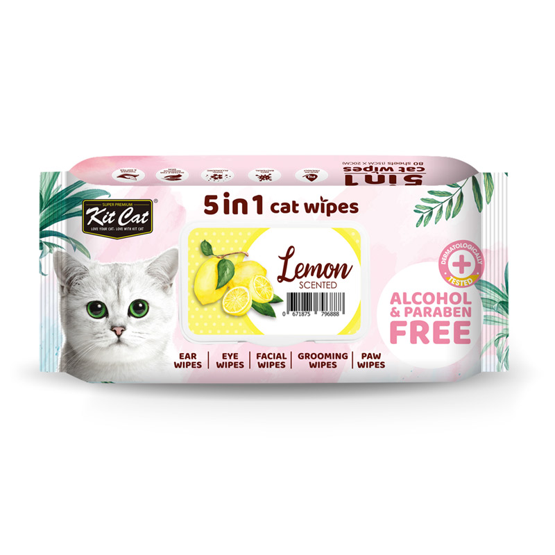 Kit Cat 5-in-1 Cat Wipes LEMON Scented 80 wipes — Pet Supplement available at VetPulse Veterinary Centre, Al Muwaileh Sharjah