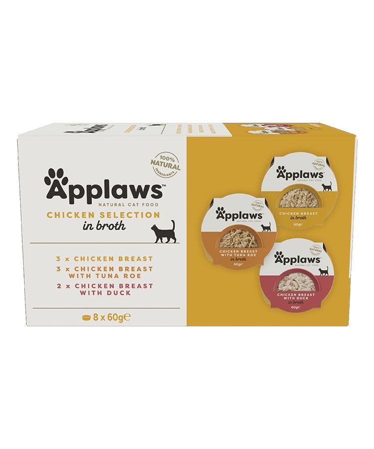 Applaws Chicken Selection in Broth Adult Wet Cat Food 8 x 60g Pot available at VetPulse Veterinary Centre, Al Muwaileh Sharjah
