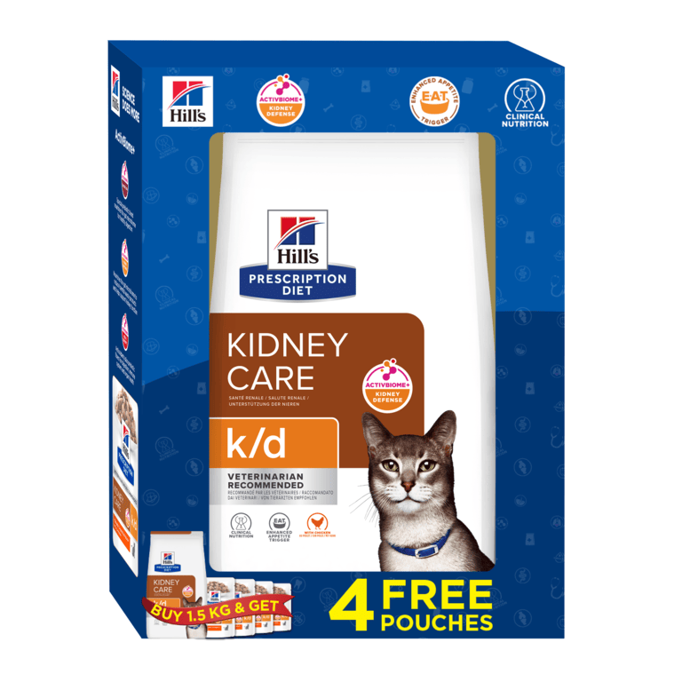 BUY 1 Hill's Prescription Diet k/d Kidney Care Feline with Chicken (1.5kg) + FREE 4 PCS OF K/D POUCHES — Veterinary Diet Cat Food available at VetPulse Veterinary Centre, Al Muwaileh Sharjah