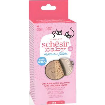 Schesir Babycat Canned Kitten with Salmon and Chicken Liver 3x55gr — Wet Cat Food available at VetPulse Veterinary Centre, Al Muwaileh Sharjah