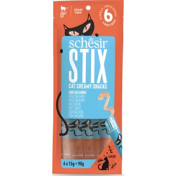 Schesir STIX Salmon Cream Sachet (6x15g) — Wet Cat Food available at VetPulse Veterinary Centre, Al Muwaileh Sharjah