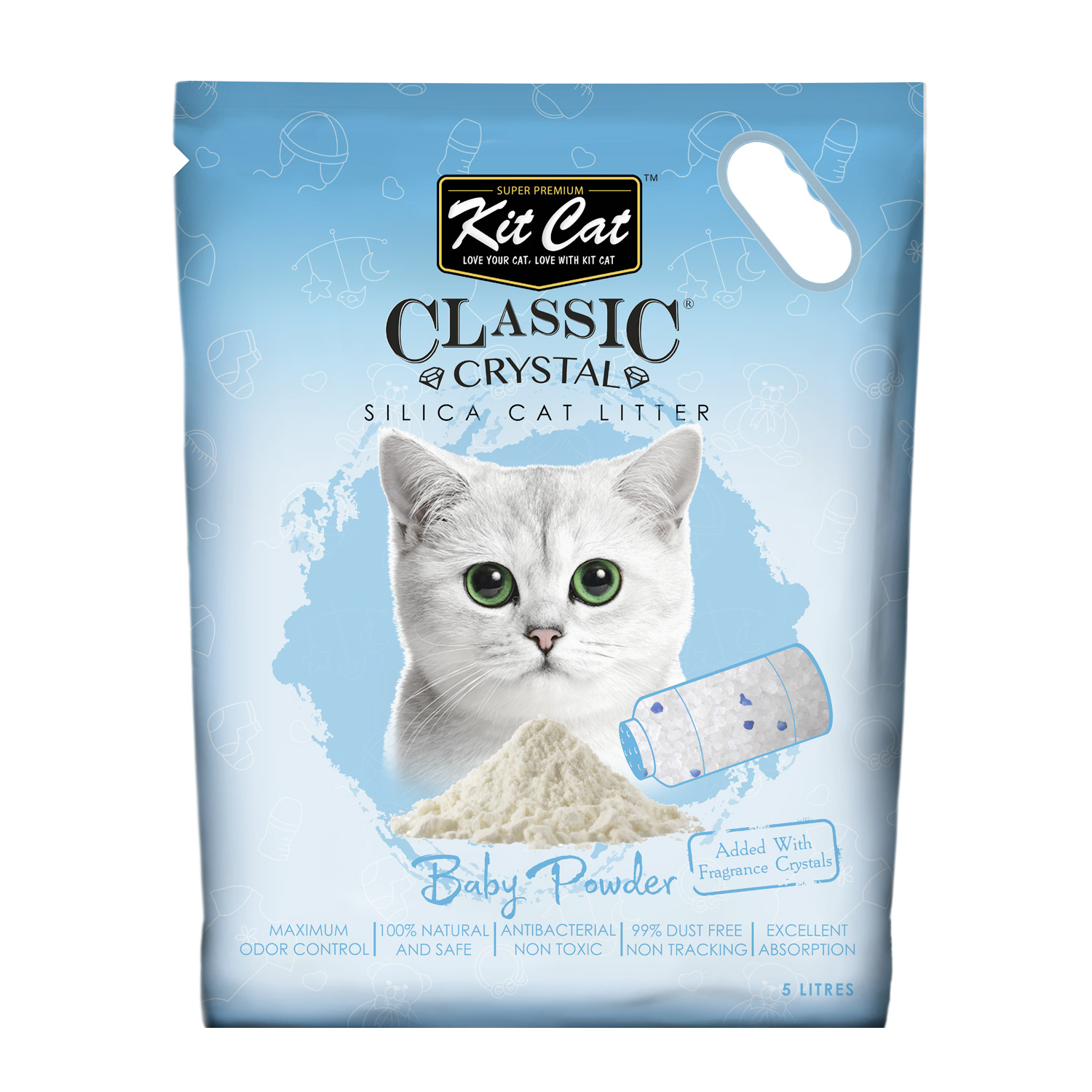Kit Cat Classic Crystal Cat Litter – Baby Powder (5 Litres) available at VetPulse Veterinary Centre, Al Muwaileh Sharjah