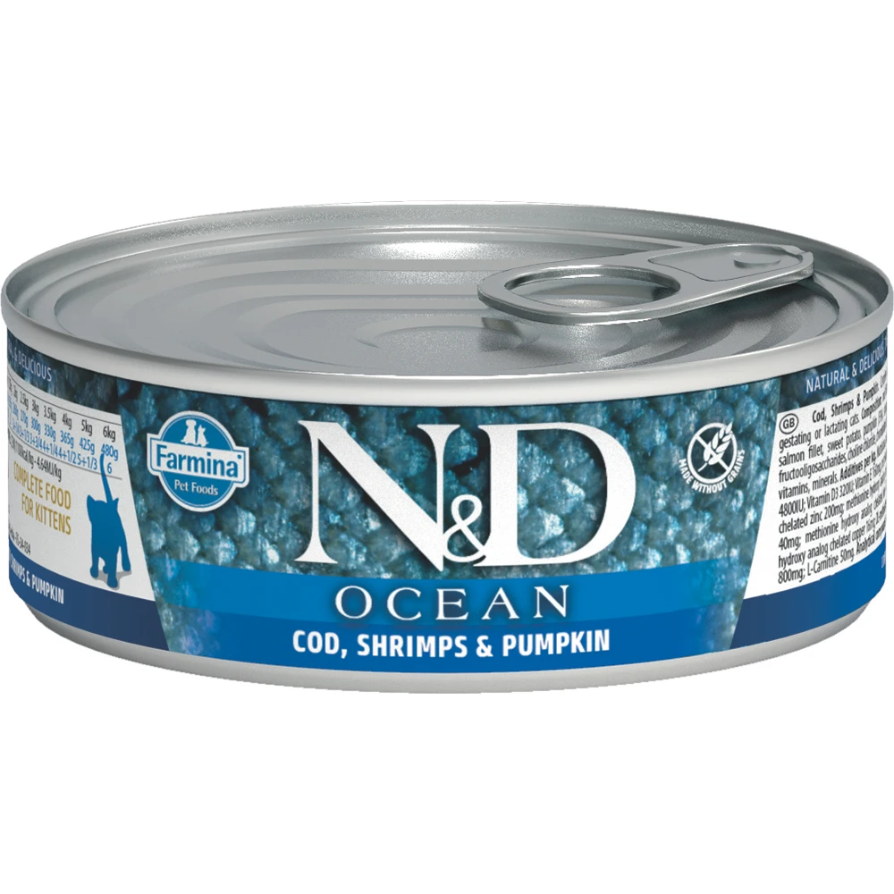 Farmina N&D Ocean Tuna Cod Shrimp and Pumpkin Canned Kitten Food - 70 g 70g — Wet Cat Food available at VetPulse Veterinary Centre, Al Muwaileh Sharjah