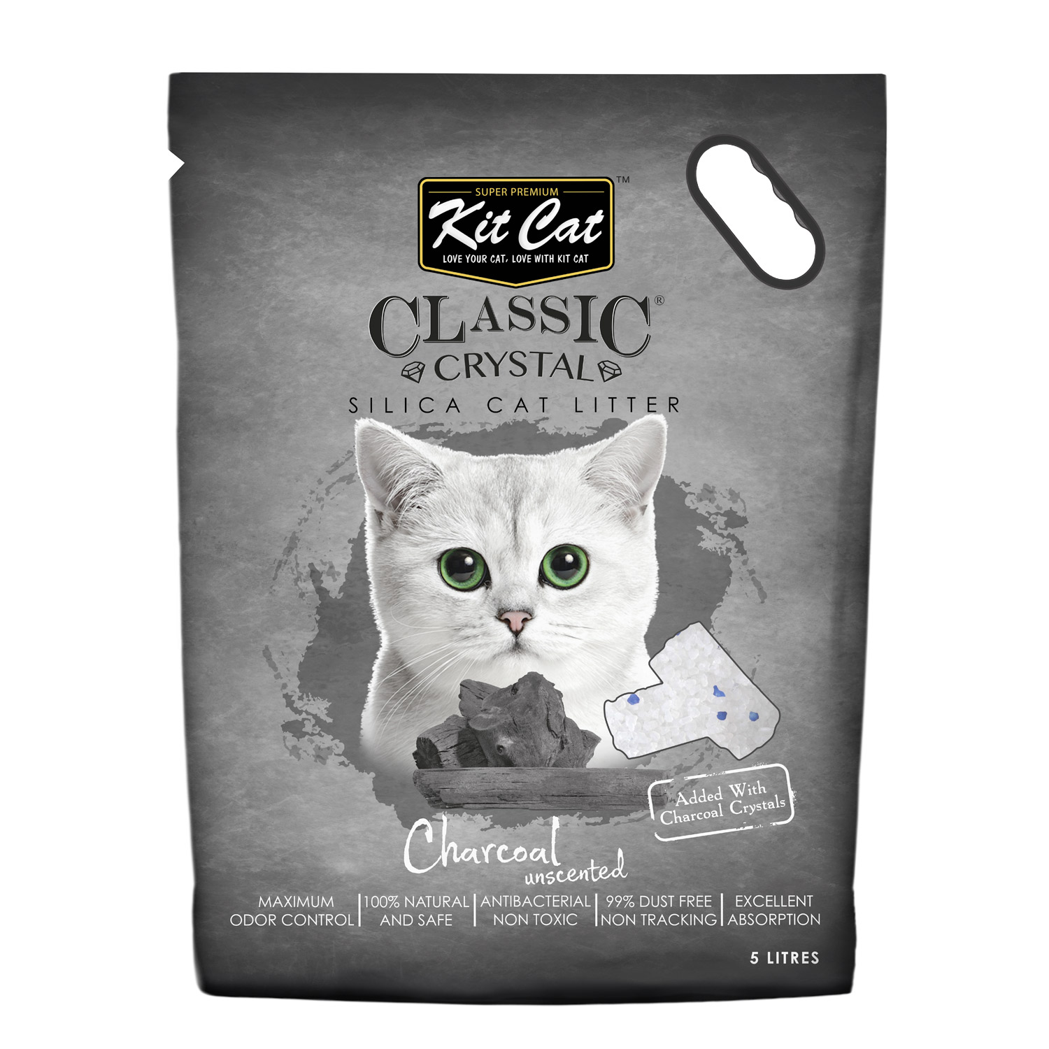 Kit Cat Classic Crystal Cat Litter – Charcoal Unscented (5 Litres) available at VetPulse Veterinary Centre, Al Muwaileh Sharjah