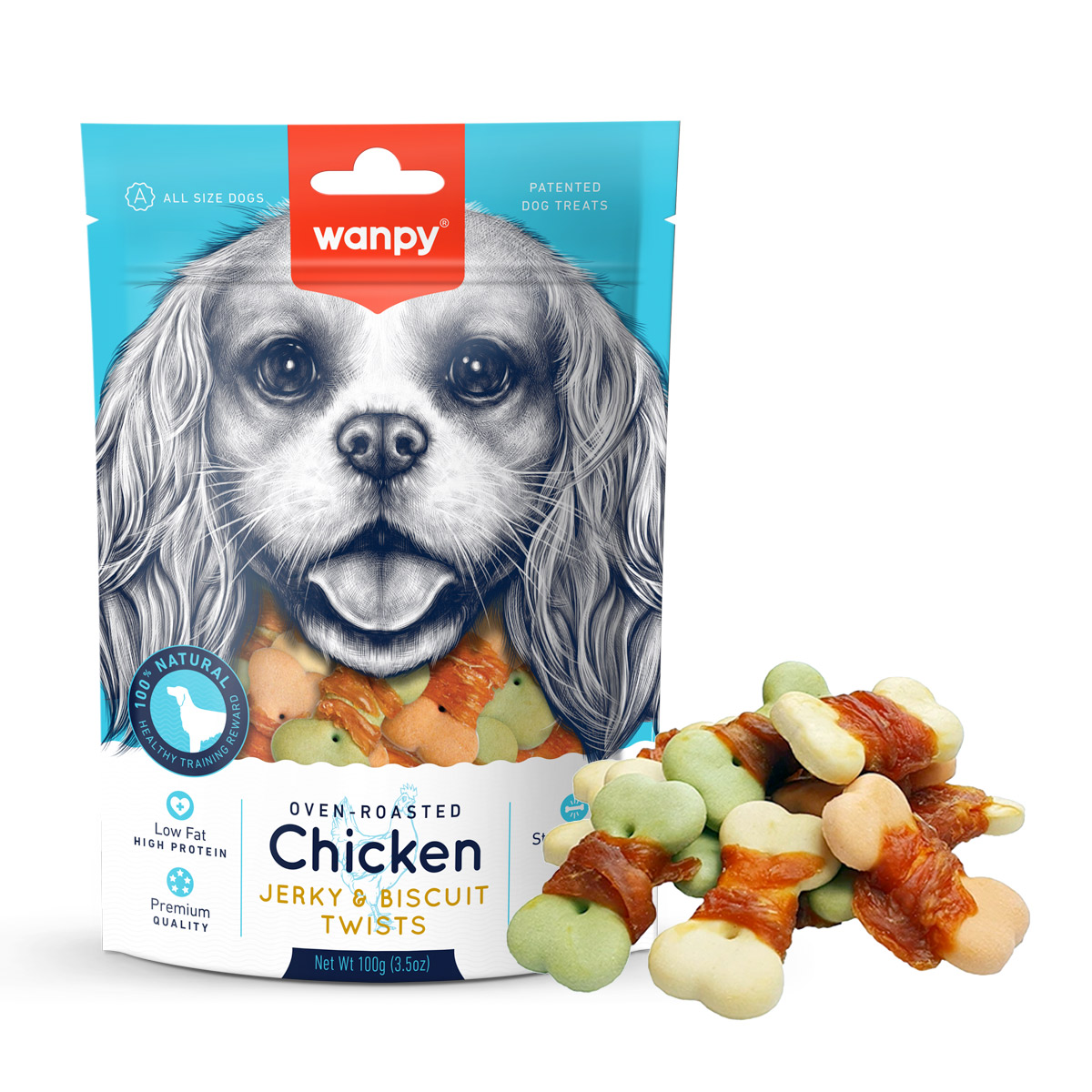 Wanpy Chicken Jerky and Biscuit Twists 100g — Dog Treats available at VetPulse Veterinary Centre, Al Muwaileh Sharjah