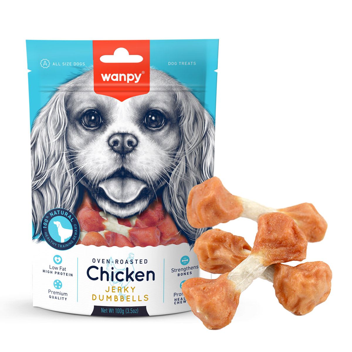 Wanpy Chicken Jerky Dumbbells 100g — Dog Treats available at VetPulse Veterinary Centre, Al Muwaileh Sharjah