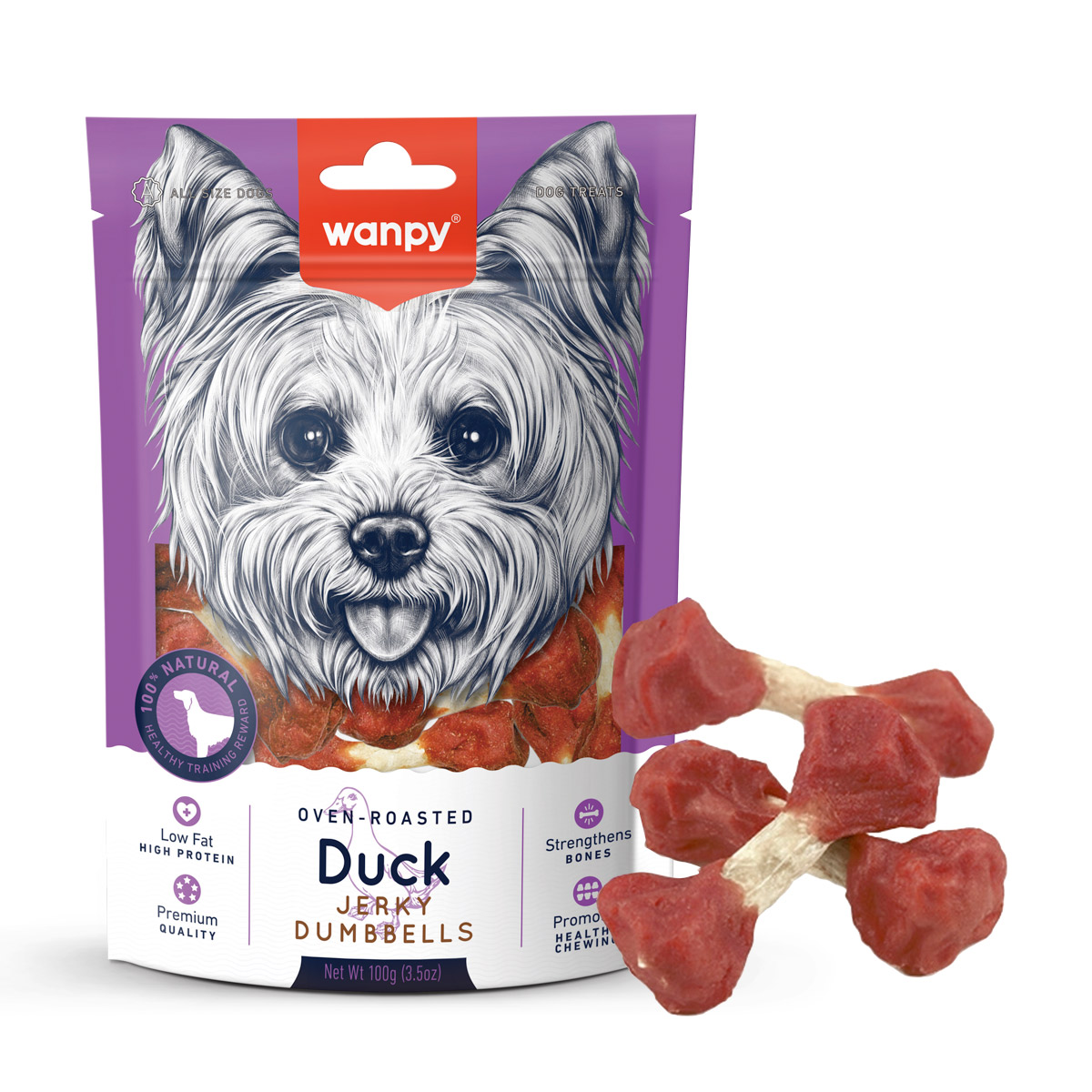 Wanpy Duck Jerky Dumbbells 100g — Dog Treats available at VetPulse Veterinary Centre, Al Muwaileh Sharjah