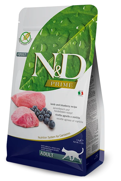 Farmina N&D Prime Lamb and Blueberry Adult Dry Cat Food - 1.5 Kg available at VetPulse Veterinary Centre, Al Muwaileh Sharjah